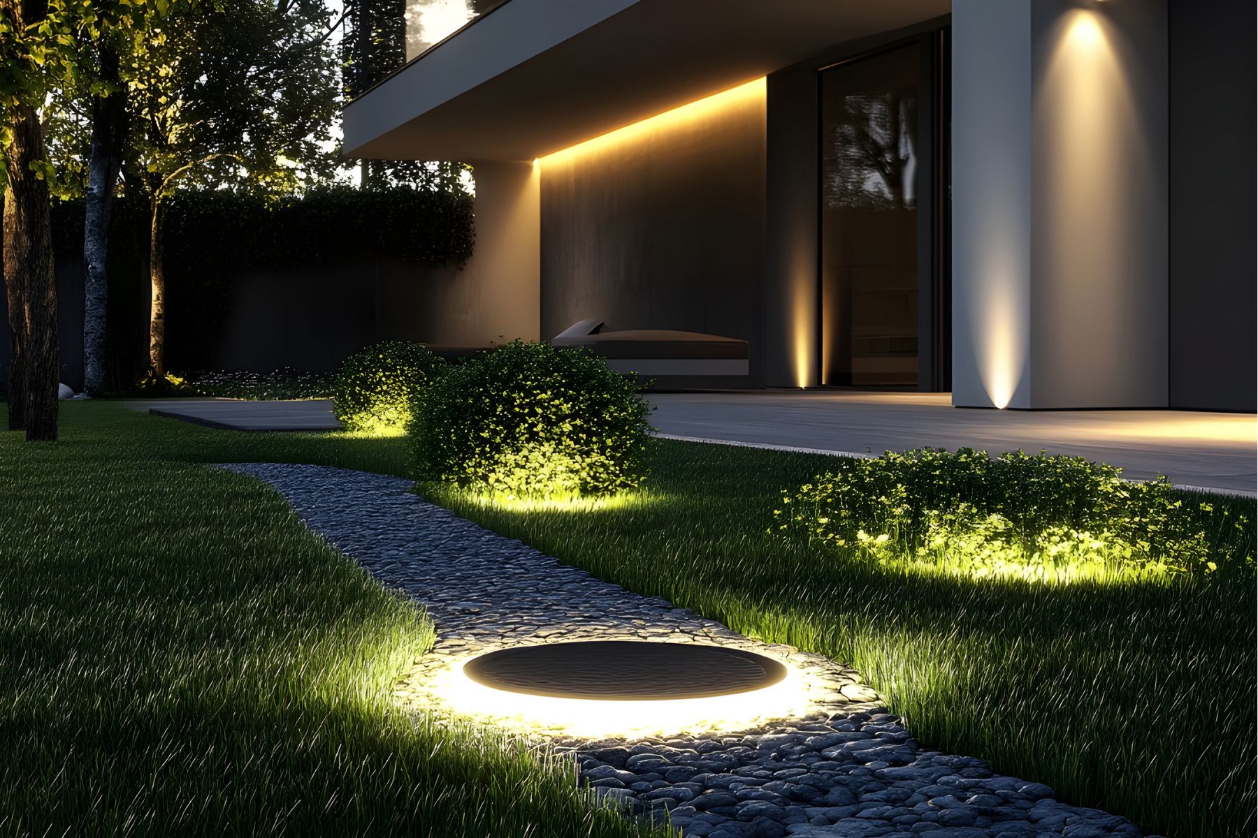 Professional landscape lighting on a luxury Memphis home at night